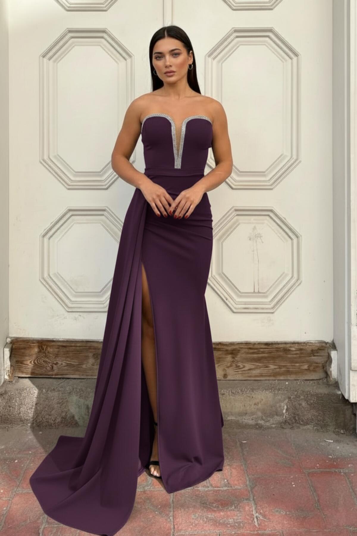 Langes Crêpe - Abendkleid In Violett
