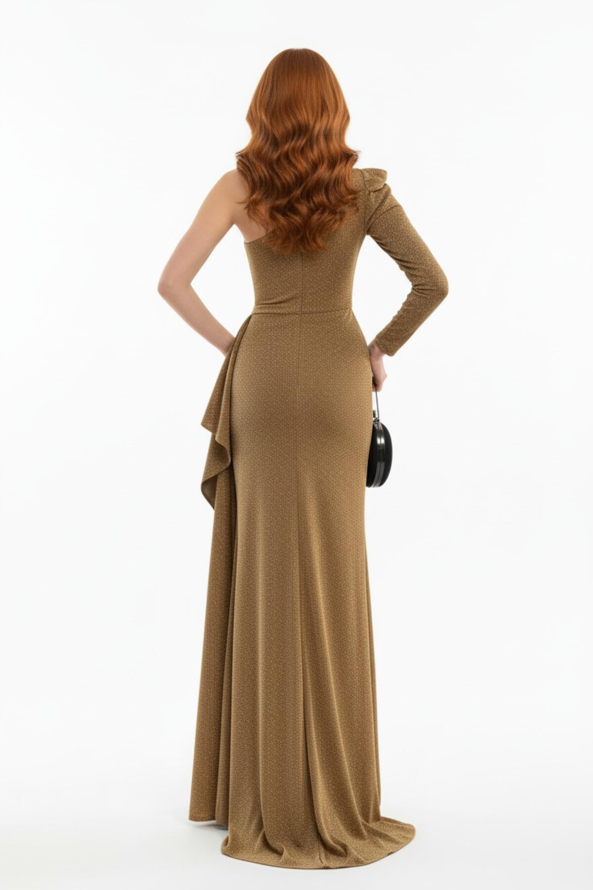 One - Shoulder Fluwelen Avondjurk - Geel