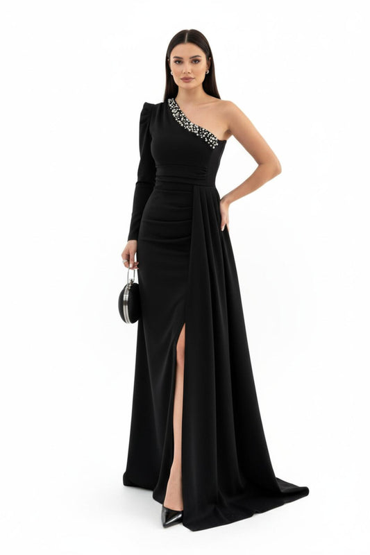 Samt‑Abendkleid Mit Ein‑Schulter‑Schnitt – Schwarz