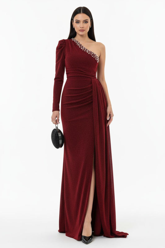Bordeaux Samt - Abendkleid Mit One - Shoulder