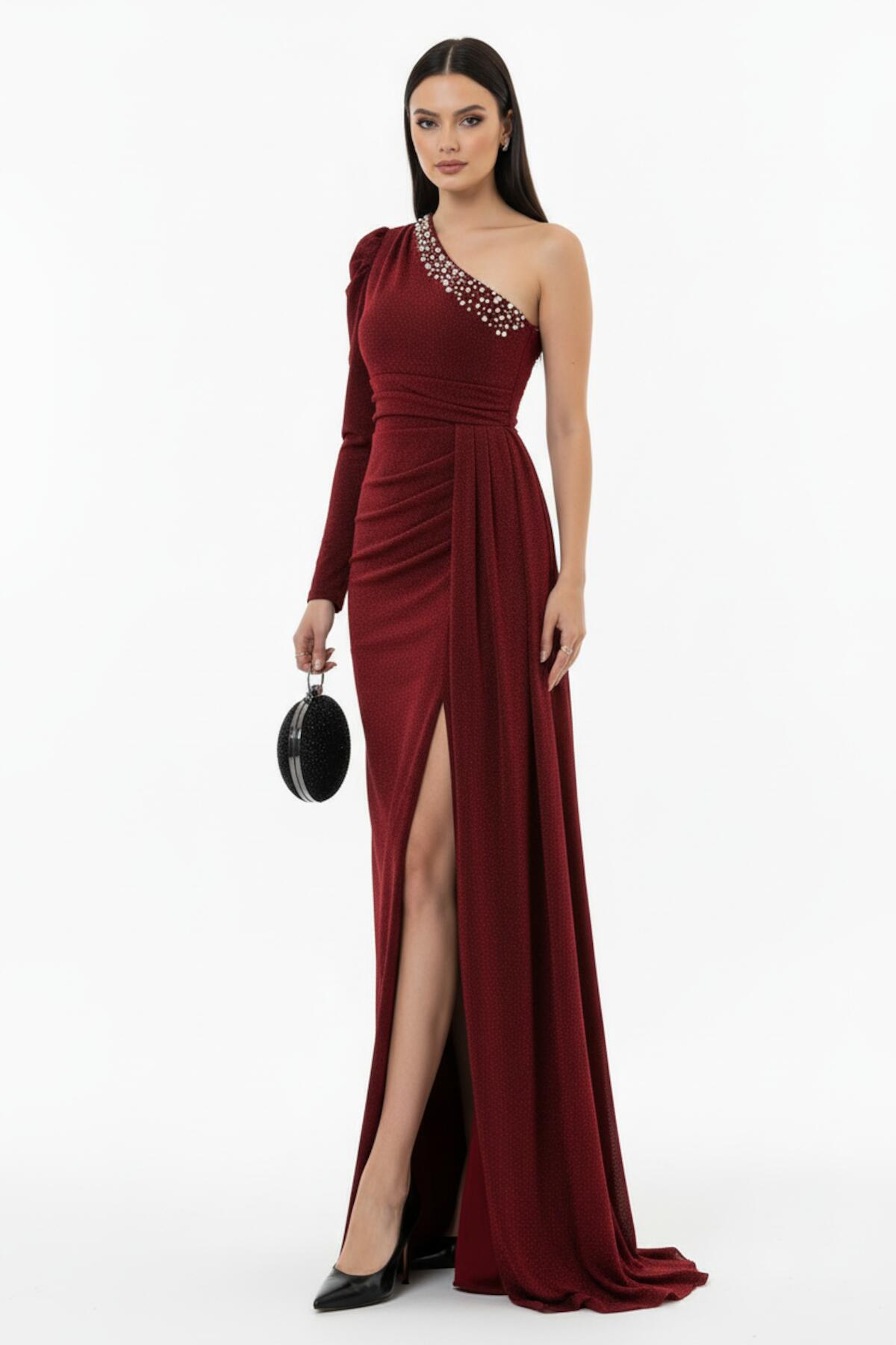 Bordeaux Samt - Abendkleid Mit One - Shoulder