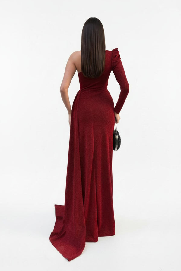 Bordeaux Samt - Abendkleid Mit One - Shoulder
