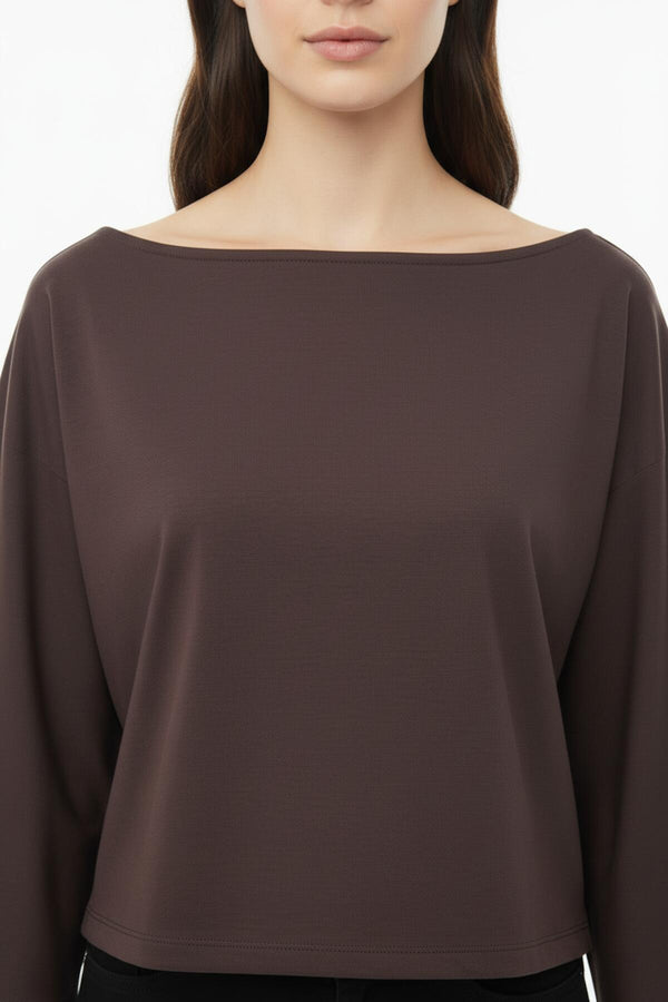 Blouse Met Lage Schouderlijn En Wijde Mouwen — Bruin