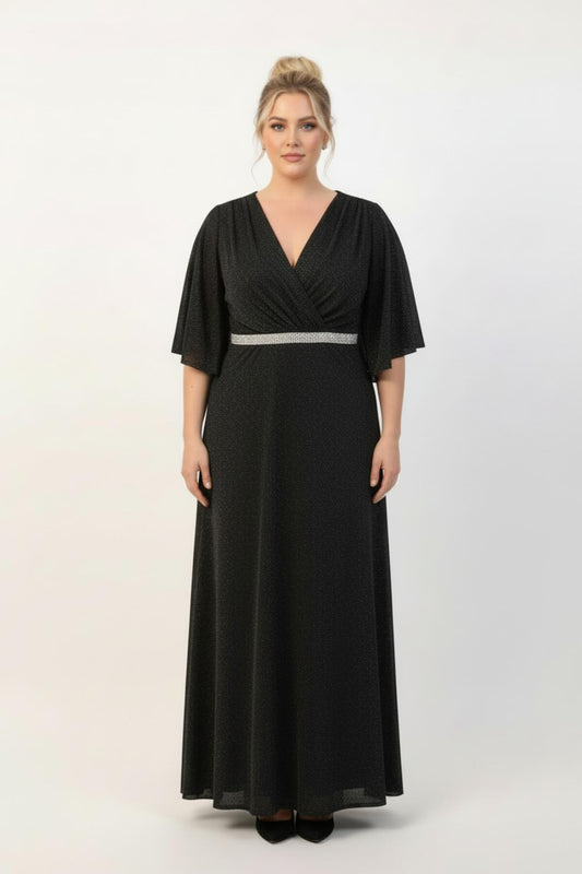 Langes Abendkleid In Großen Größen Mit Steinbesatz An Der Taille Und Banddetails — Schwarz