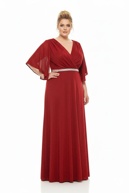 Plus - Size Long Evening Dress With Beaded Waist And Strip Detailing — Burgundy
