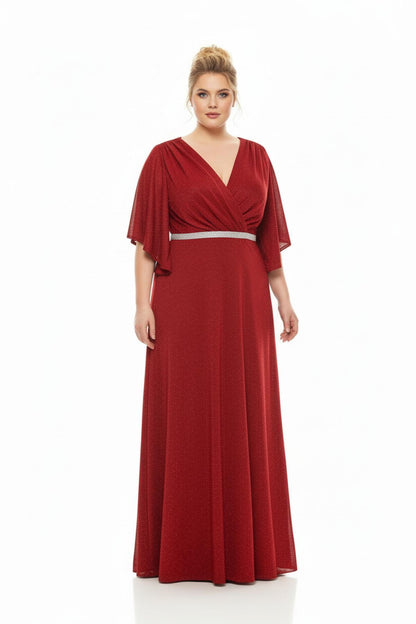 Plus - Size Long Evening Dress With Beaded Waist And Strip Detailing — Burgundy