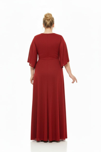 Plus - Size Long Evening Dress With Beaded Waist And Strip Detailing — Burgundy