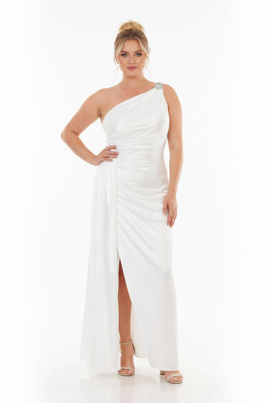 Langes Satin - Abendkleid Mit Schulterdetail — Große Größen — Weiß
