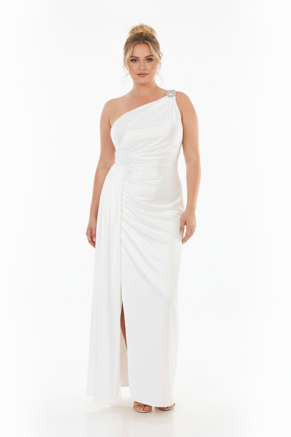 Plus - Size Long Satin Gown With Shoulder Detail — White
