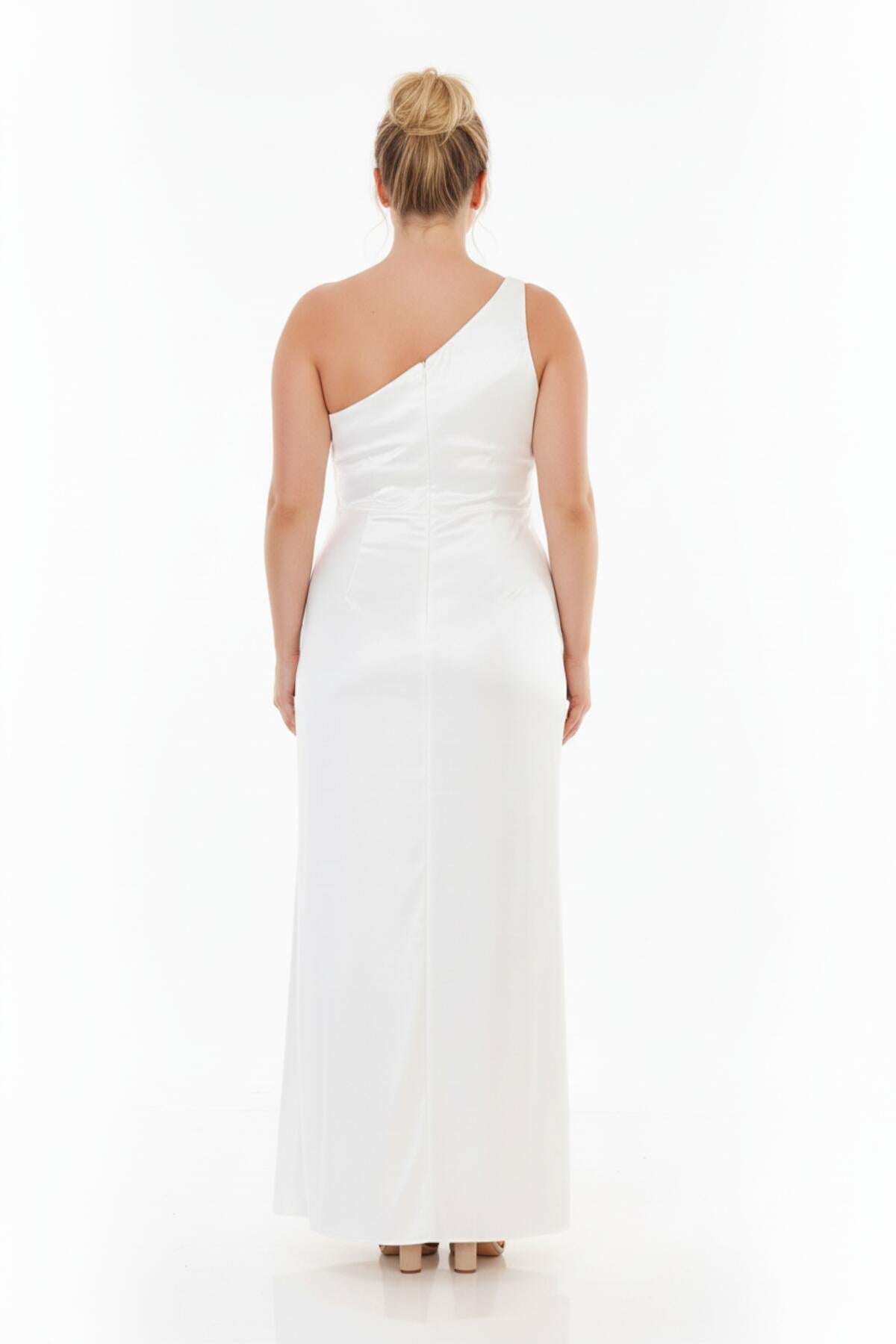 Plus - Size Long Satin Gown With Shoulder Detail — White