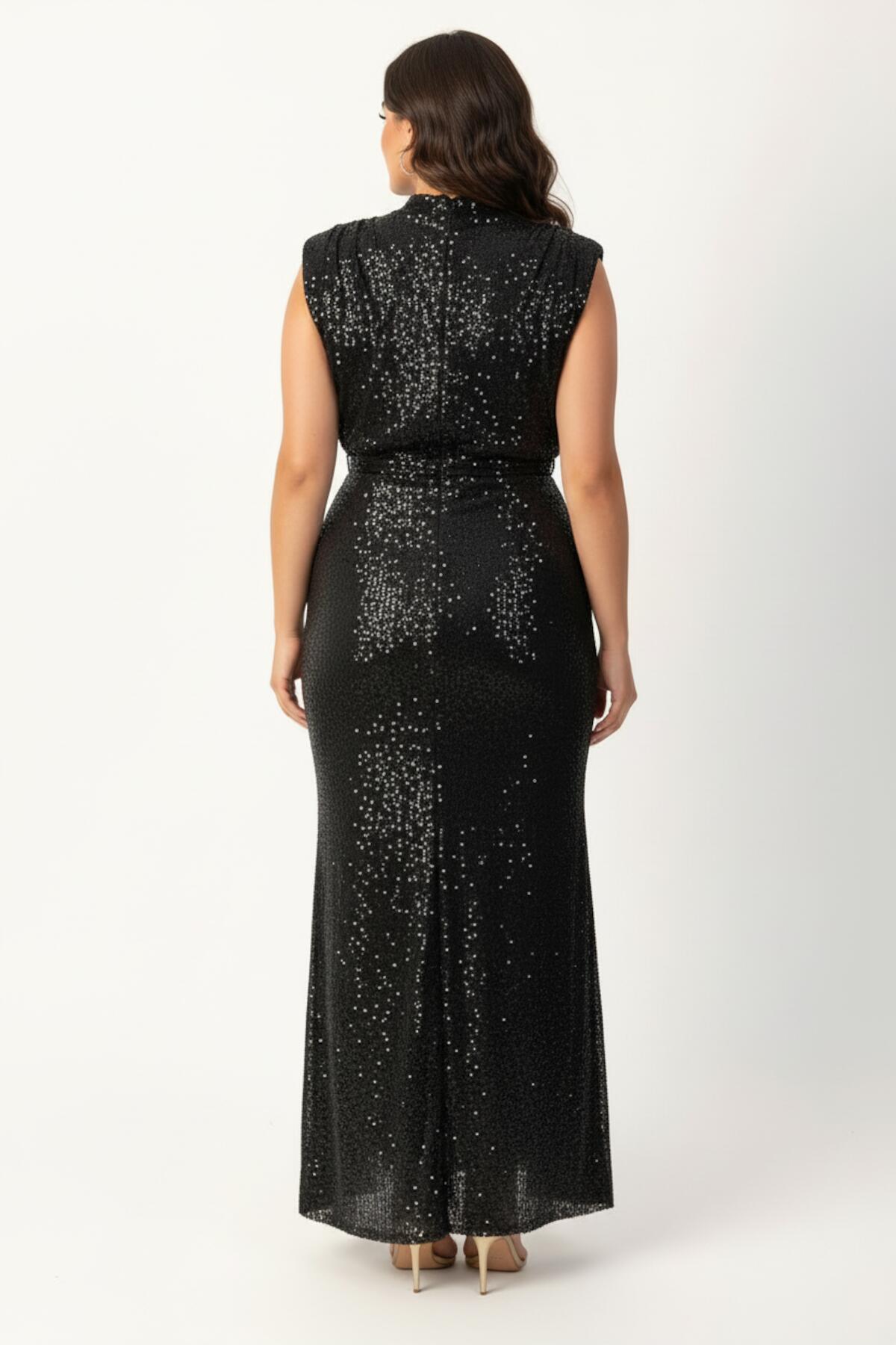 Plus - Size Mouwloze Paillettenjurk Met Ceintuur — Zwart