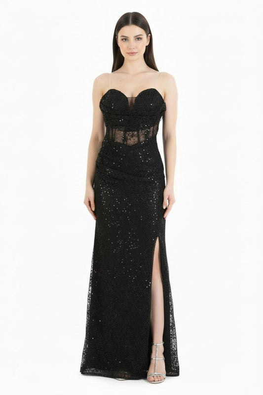 Kadın Göğüs Detay Kolsuz Uzun Dantel Abiye  Siyah