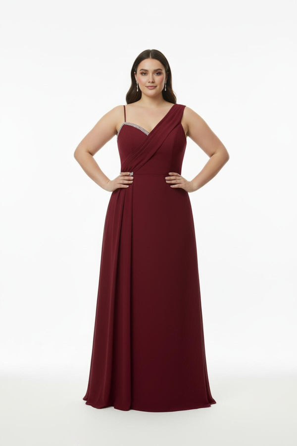 Plus - Size Sleeveless Long Evening Dress, Shaped At Bust And Waist — Burgundy