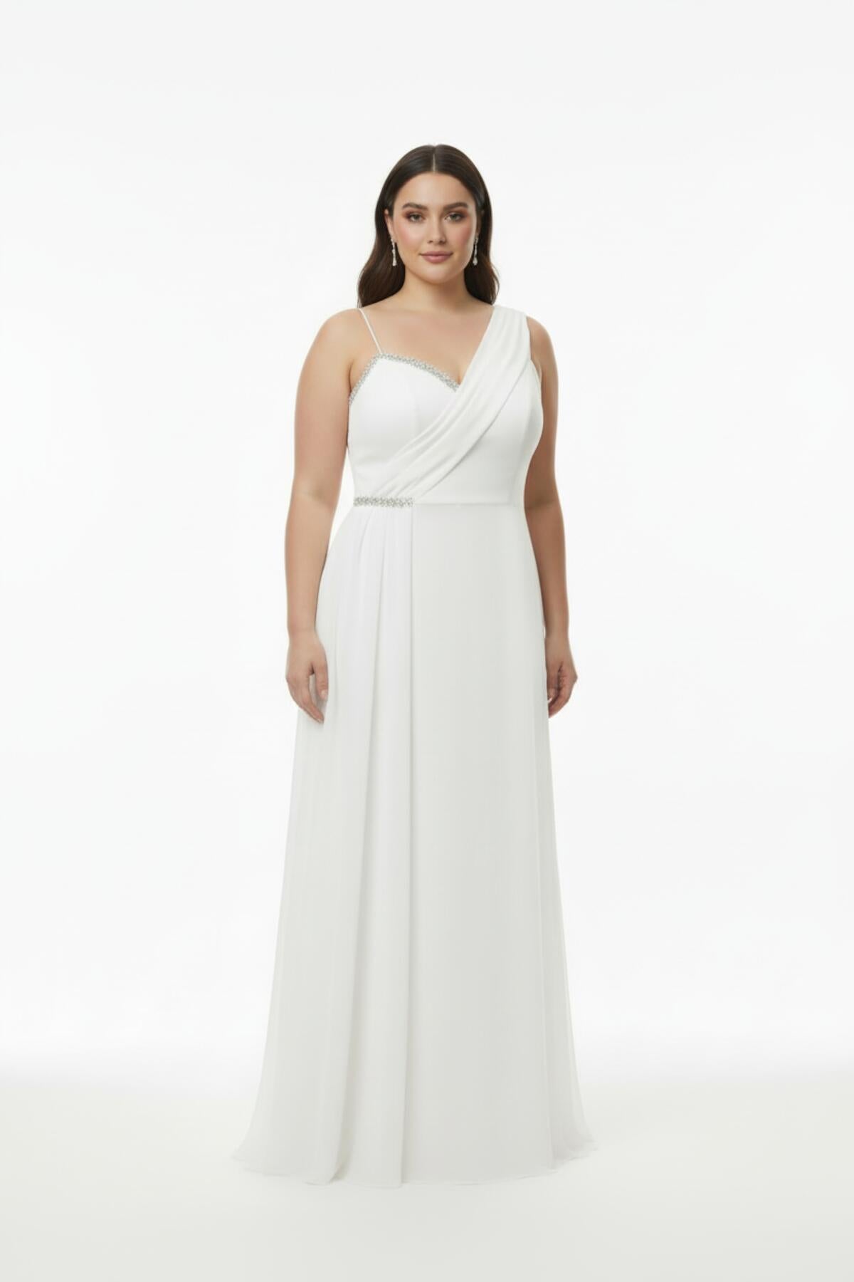 Plus - Size Mouwloze Lange Avondjurk, Gevormd Bij Buste En Taille — Wit