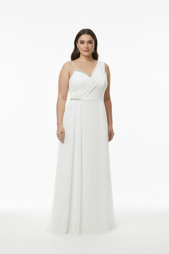 Plus - Size Sleeveless Long Evening Dress, Shaped At Bust And Waist — White