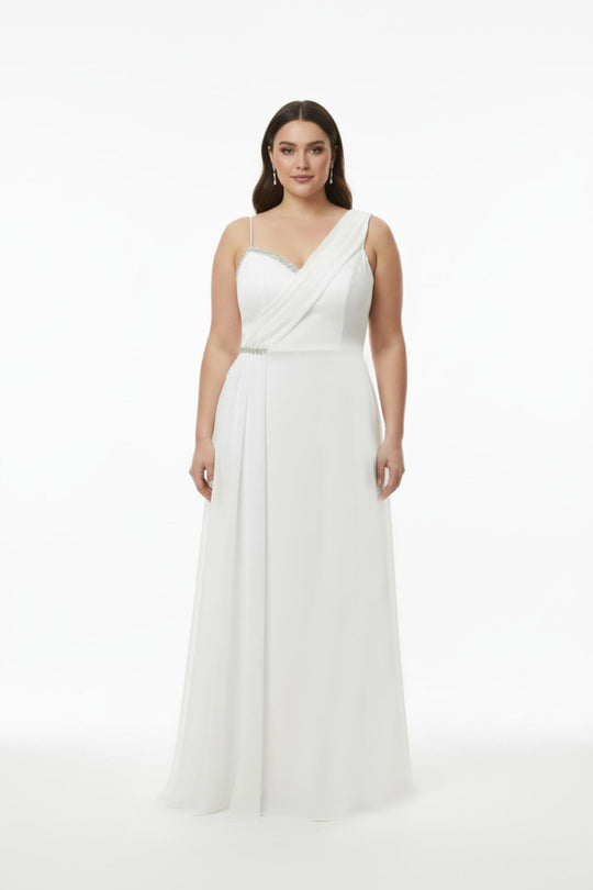 Plus - Size Sleeveless Long Evening Dress, Shaped At Bust And Waist — White