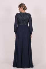 Plus - Size Sequin Evening Dress With Chiffon Sleeves, Navy