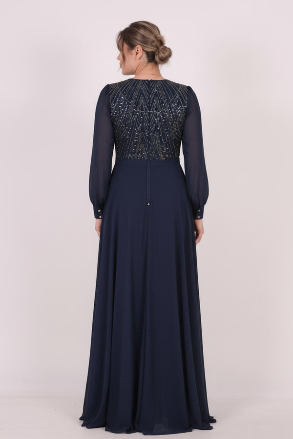 Plus - Size Sequin Evening Dress With Chiffon Sleeves, Navy