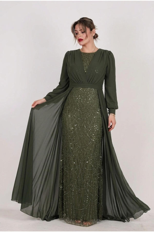 Robe De Soirée Grande Taille À Haut Pailleté Et Manches En Chiffon — Vert