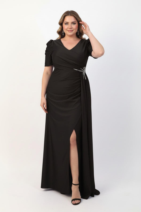 Plus - Size Lange Avondjurk Met Taille - Detail, Korte Mouwen — Zwart