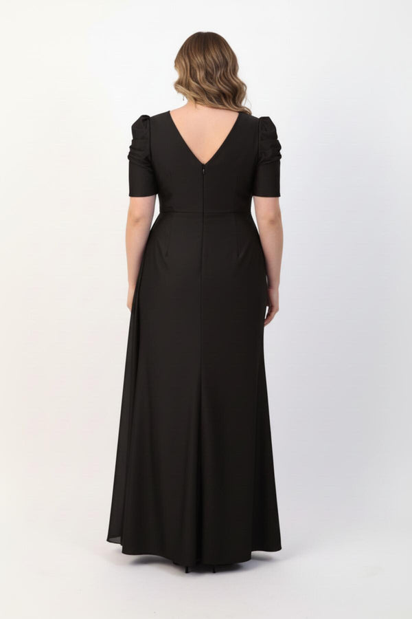 Plus - Size Lange Avondjurk Met Taille - Detail, Korte Mouwen — Zwart