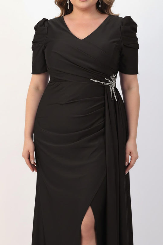 Plus - Size Lange Avondjurk Met Taille - Detail, Korte Mouwen — Zwart