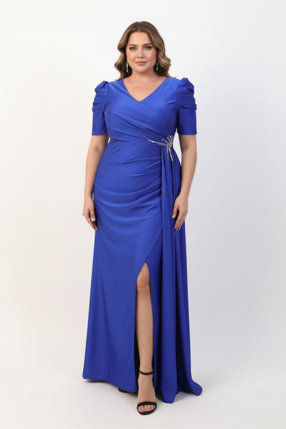 Plus‑Size Long Evening Dress With Waist Detail, Short Sleeves — Indigo
