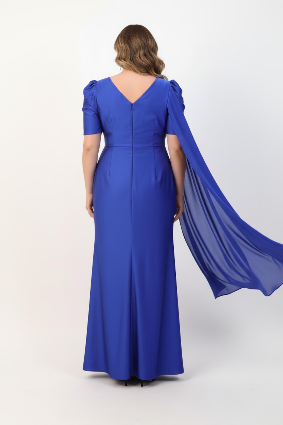 Plus‑Size Long Evening Dress With Waist Detail, Short Sleeves — Indigo