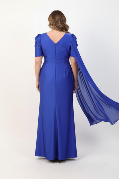 Plus‑Size Long Evening Dress With Waist Detail, Short Sleeves — Indigo