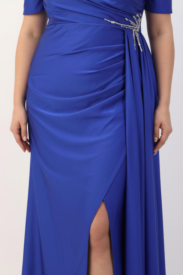 Plussize Lange Avondjurk Met Tailledetail En Korte Mouwen — Indigo