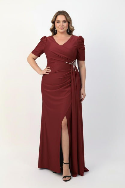Plus‑Size Long Evening Dress With Waist Detail, Short Sleeves — Burgundy