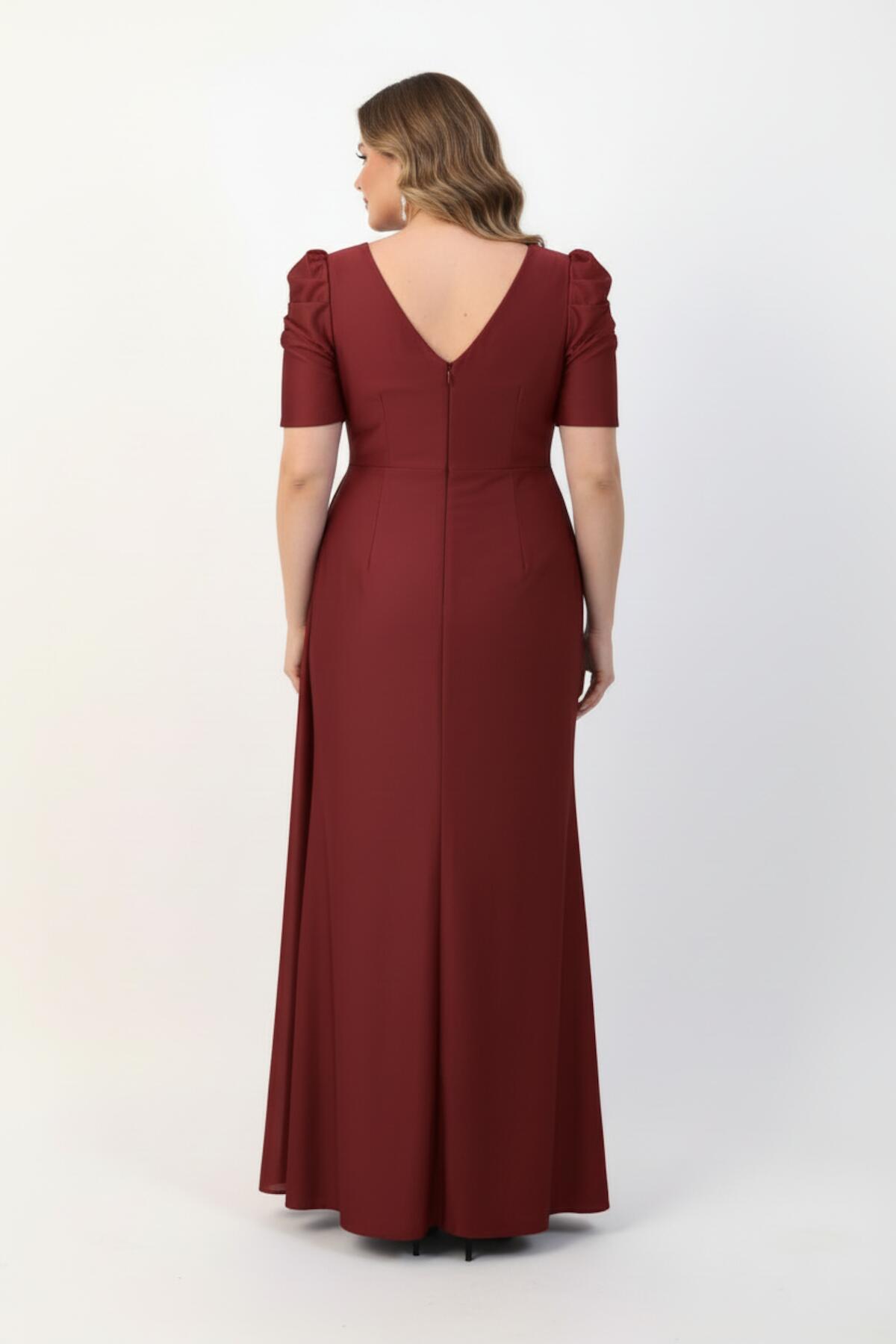 Plus‑Size Long Evening Dress With Waist Detail, Short Sleeves — Burgundy