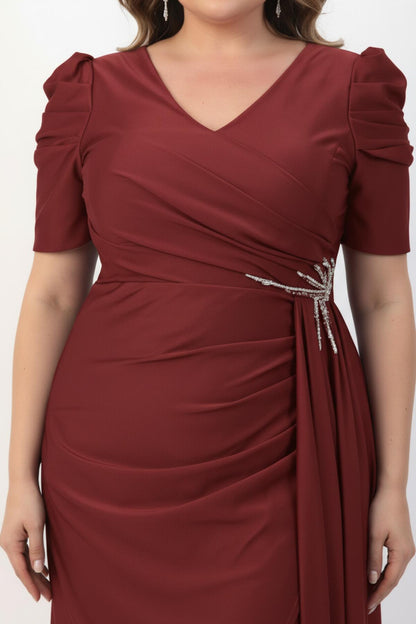 Plus‑Size Long Evening Dress With Waist Detail, Short Sleeves — Burgundy