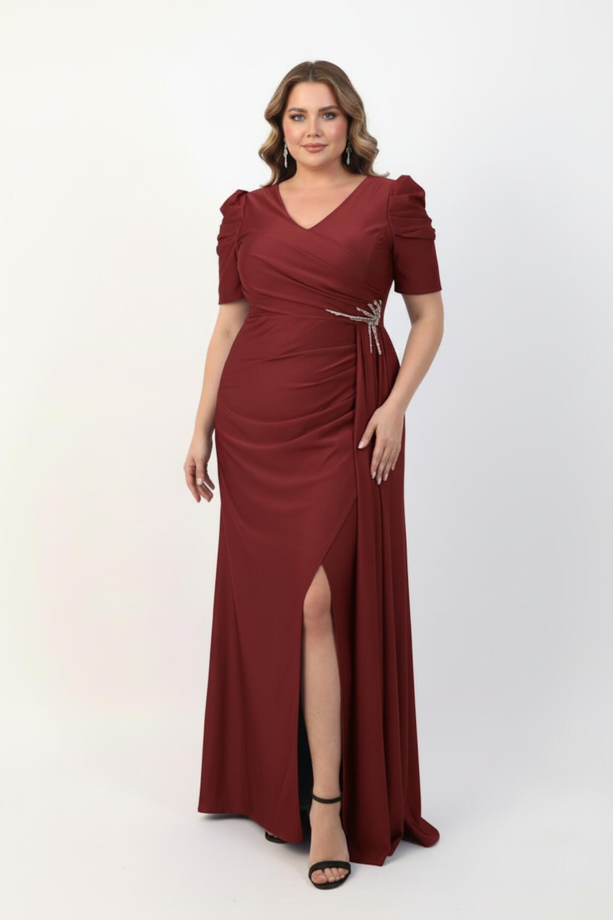 Plus‑Size Long Evening Dress With Waist Detail, Short Sleeves — Burgundy