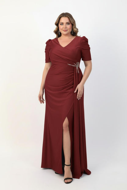 Plus‑Size Long Evening Dress With Waist Detail, Short Sleeves — Burgundy