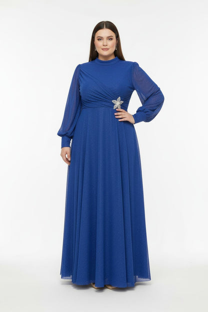 Plus‑Size Pleated Long Evening Dress With Waist Detail — Royal Blue