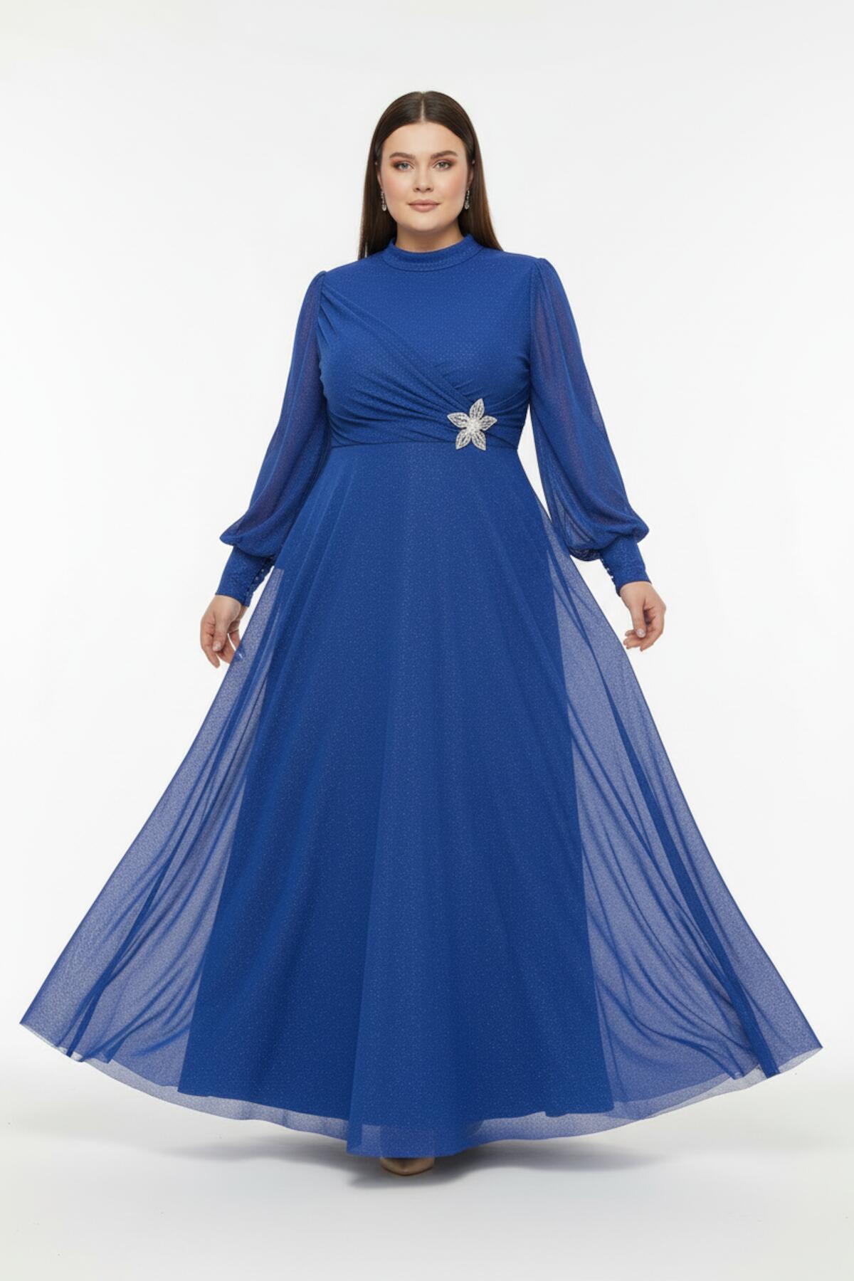 Plus‑Size Pleated Long Evening Dress With Waist Detail — Royal Blue