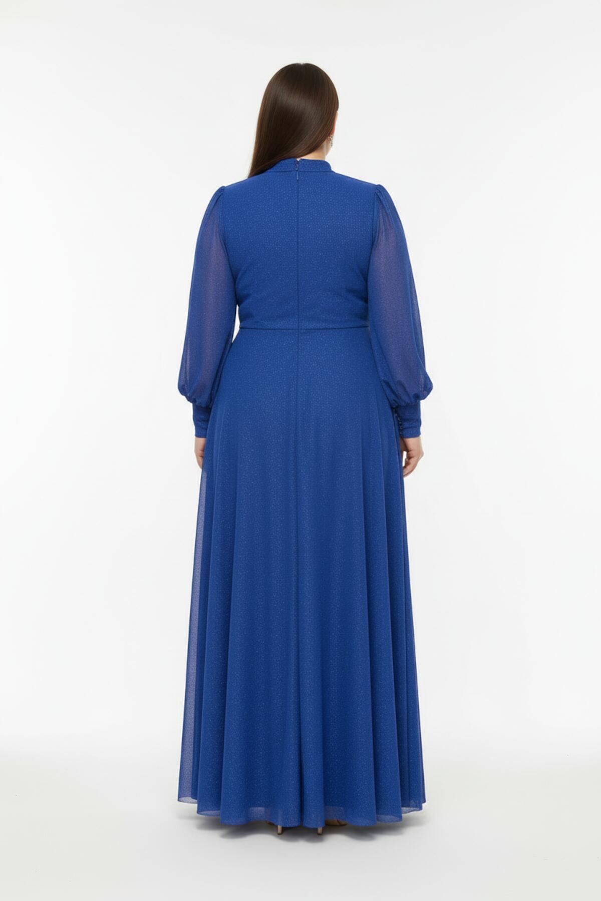 Plus‑Size Pleated Long Evening Dress With Waist Detail — Royal Blue