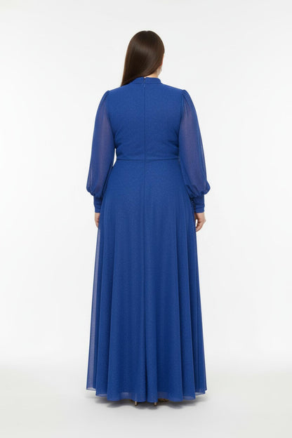 Plus‑Size Pleated Long Evening Dress With Waist Detail — Royal Blue