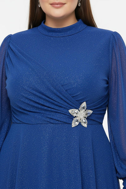 Plus‑Size Pleated Long Evening Dress With Waist Detail — Royal Blue