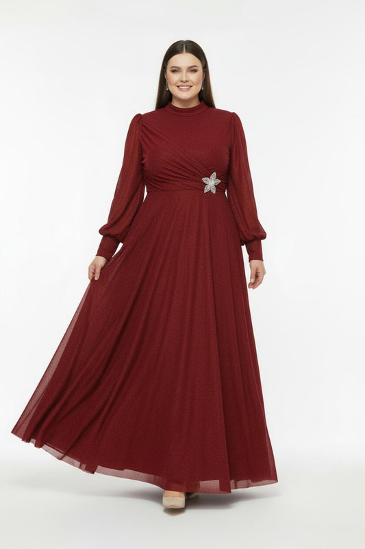 Große Größen Plissee Abendkleid Mit Taillendetail – Rot