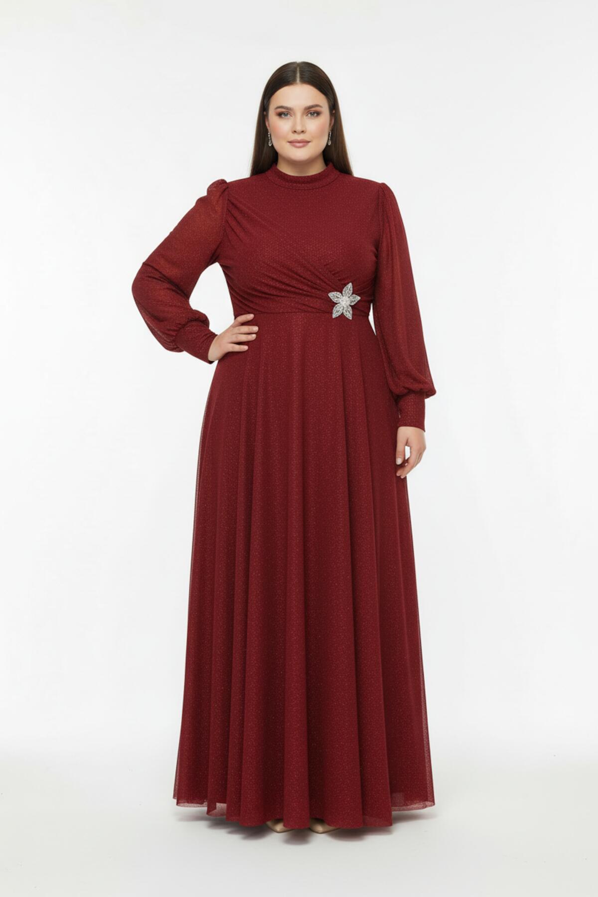 Büyük Beden Beli Aksesuarlı Pliseli Uzun Abiye  Kırmızı