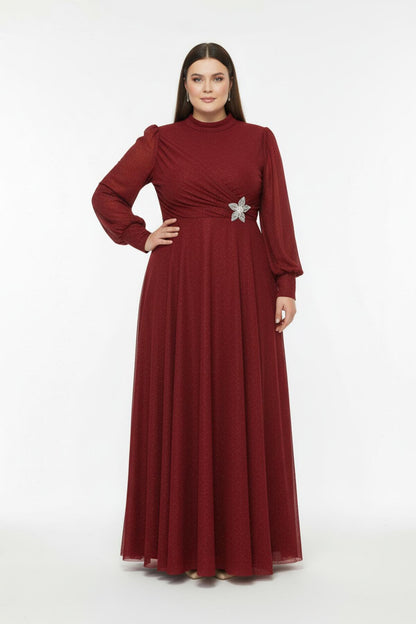 Büyük Beden Beli Aksesuarlı Pliseli Uzun Abiye  Kırmızı