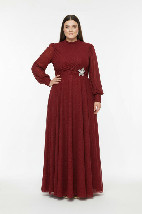 Plus - Size Lange Geplooide Avondjurk Met Taille - Detail — Rood