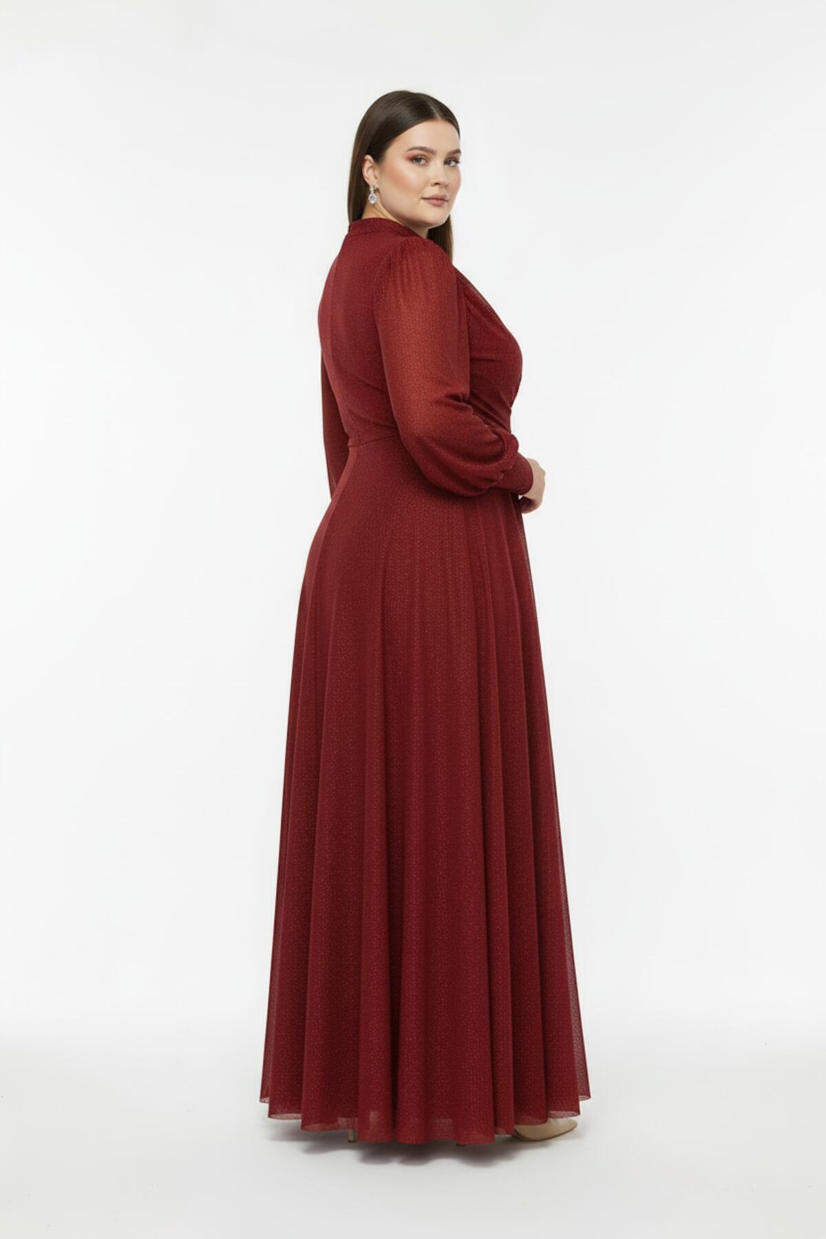 Büyük Beden Beli Aksesuarlı Pliseli Uzun Abiye  Kırmızı