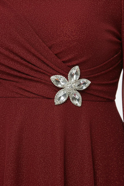 Büyük Beden Beli Aksesuarlı Pliseli Uzun Abiye  Kırmızı