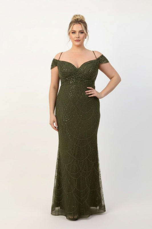 Große Größen Schulterfreies Abendkleid Mit Perlen – Khaki