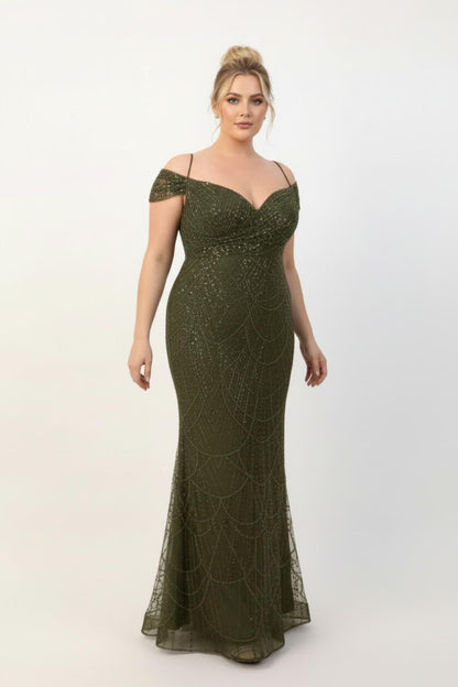 Büyük Beden Düşük Omuz Boncuklu Abiye  Haki