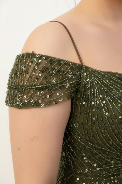 Büyük Beden Düşük Omuz Boncuklu Abiye  Haki