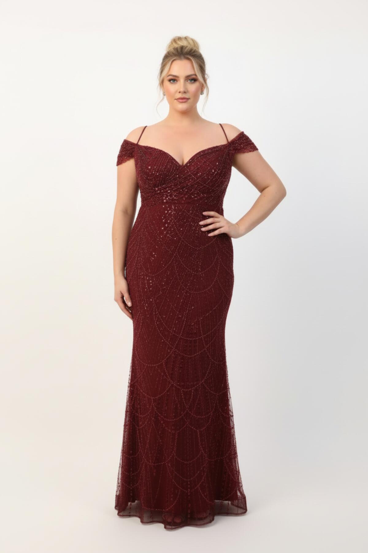Plus - Size Off - Shoulder Beaded Evening Dress — Burgundy
